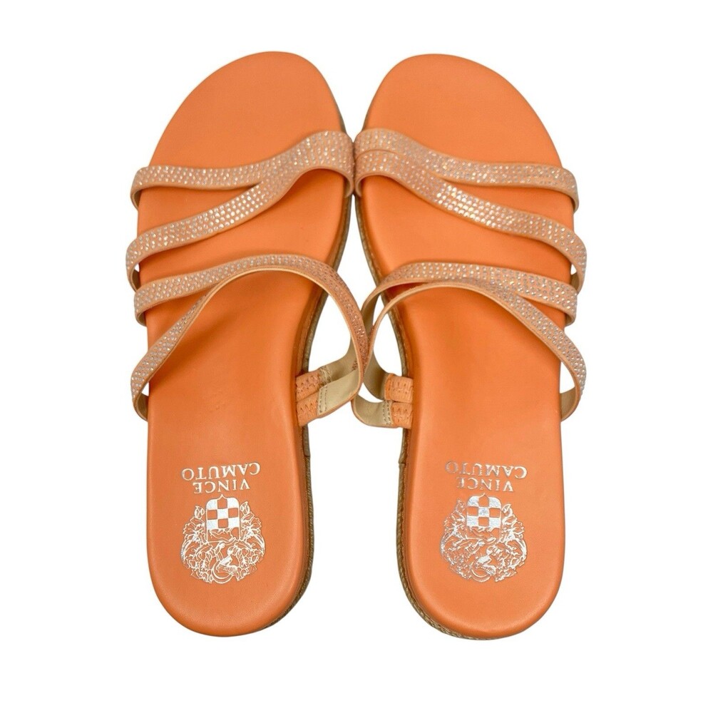 Vince Camuto Leather Rhinestone Sandals Womens 9.5W Orange Rallsan Strappy Slide